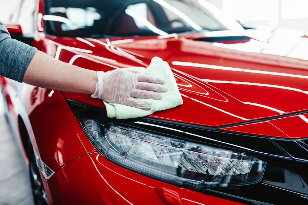 Technician polishing a car with a microfibre cloth